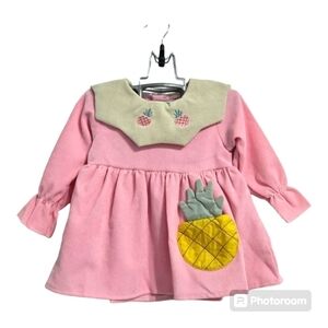 cute korean girls dresses Curdroy Long Sleeve Lapel  dress pineapple embroidery